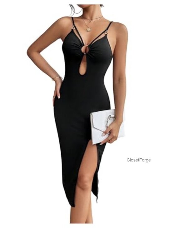 Dresses & Skirts - SHENHE Spaghetti Strap Bodycon Midi Dress O-Ring Cutout Slit